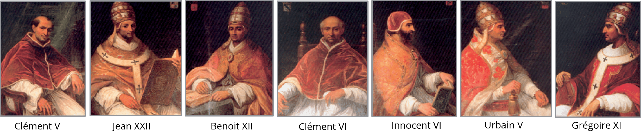 Portraits des 7 papes d'Avignon Portraits rétrospectifs des 7 papes exposés au Palais des Papes d'Avignon