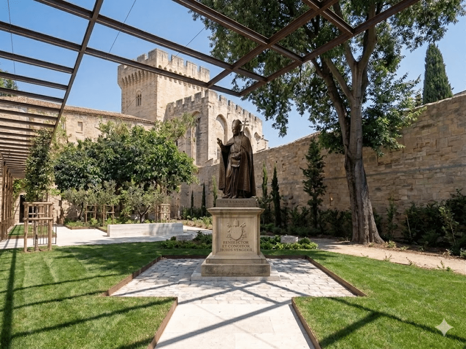 Statue du pape Urbain V dans le verger URBAIN V Statue du pape Urbain V dans le verger URBAIN V attenant au palais des papes d'Avignon